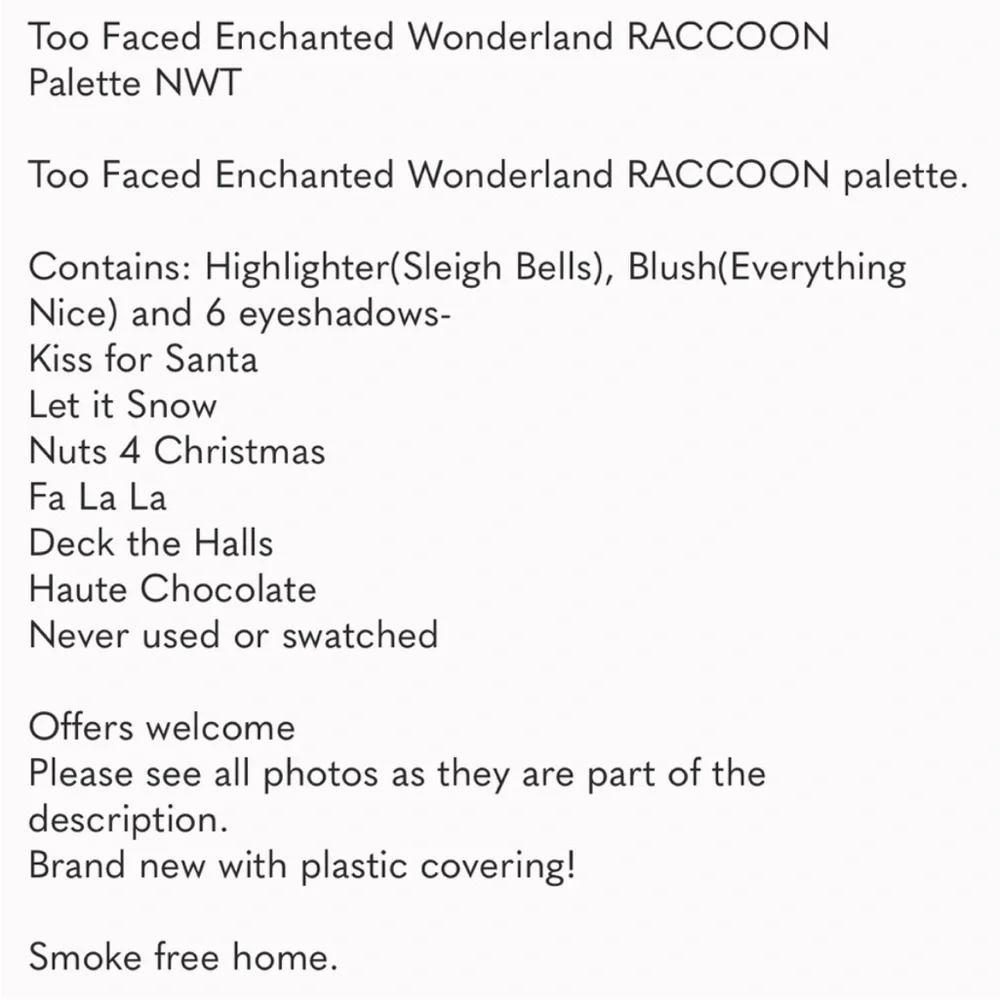 Too Faced Enchanted Wonderland RACCOON Palette NWT